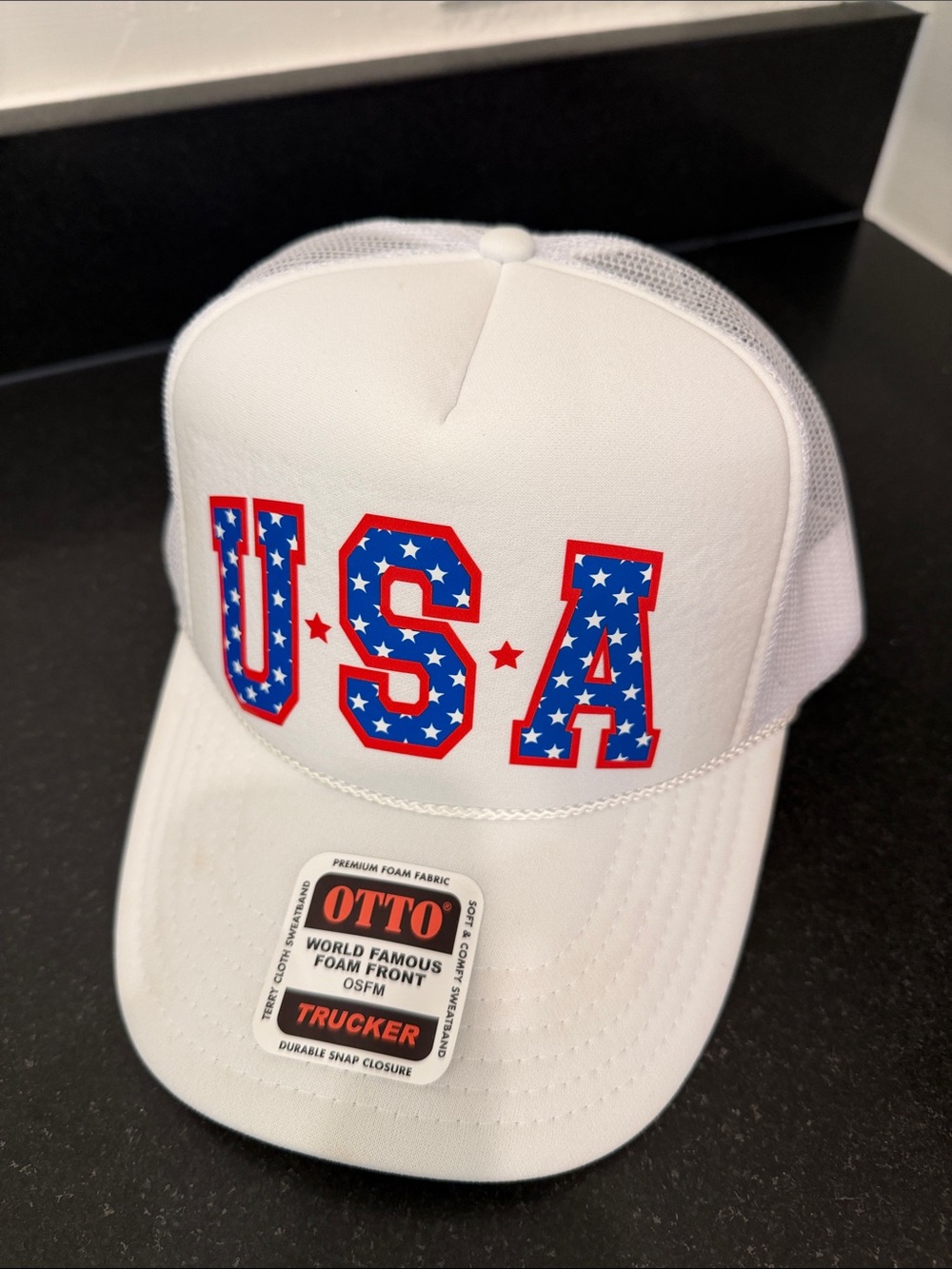 OTTO White Trucker Hat with Red and Blue USA Lettering